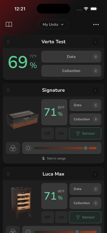 Home screen with live readings per unit — note the Not in range badge on a unit whose sensor is out of Bluetooth reach