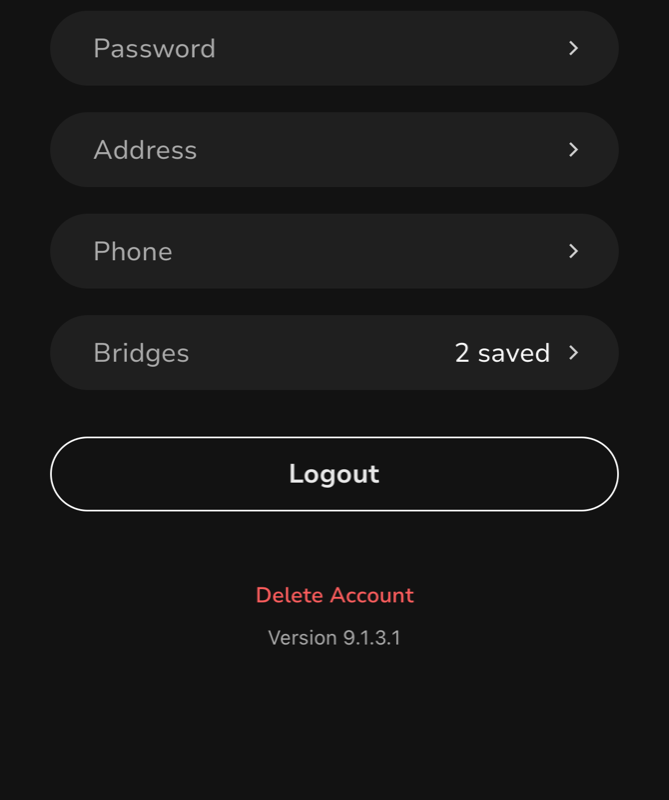 Account screen — Password, Address, Phone, Bridges, Logout, and the Delete Account button to warn customers away from