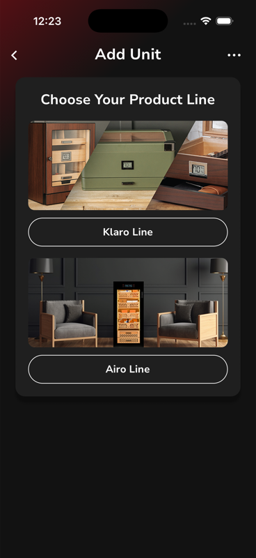 Add Unit — Choose Your Product Line: Klaro Line vs Airo Line (fridge units)