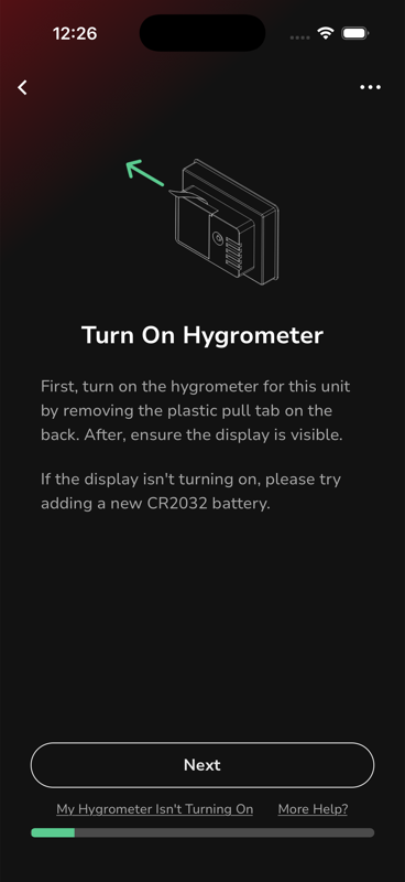 Turn On Hygrometer — battery pull tab and CR2032 instructions