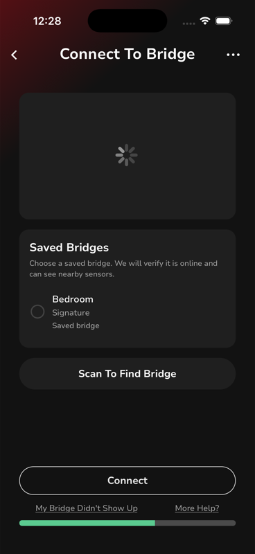 Connect To Bridge — endless search spinner, the screen this customer is stuck on