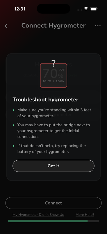 Troubleshoot hygrometer popover — 3 feet, bridge next to hygrometer, replace battery